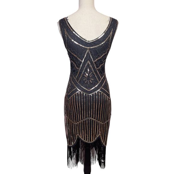 Retro Sequin Flapper Dress with Fringe Black and Gold Small - Picture 2 of 14